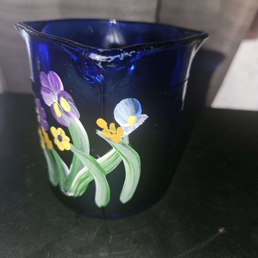 Vtg Cobalt Blue 1 Cup Measuring Cup 3 Spouts  Good Condition Hand Painted